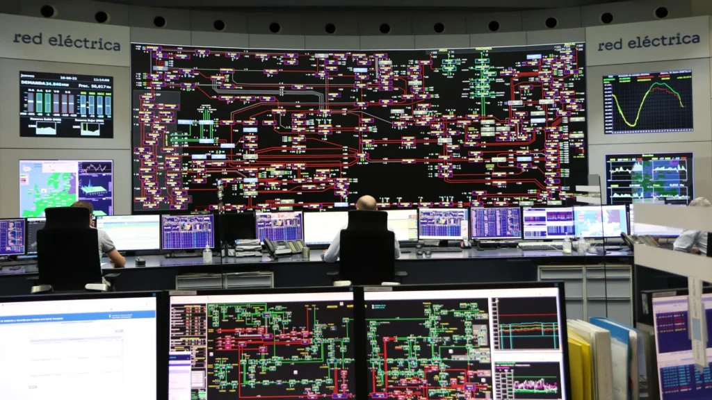Centro de control de Red Eléctrica de España con operadores supervisando en tiempo real un sistema eléctrico interconectado en múltiples pantallas.