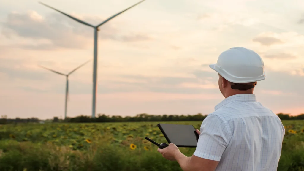 Ingeniero con casco blanco inspecciona aerogeneradores en un campo con tablet en mano al atardecer.