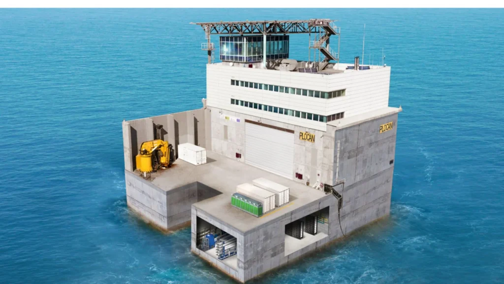 Planta marina de hidrógeno renovable flotante de hormigón en mar abierto, equipada con contenedores, equipos técnicos y torre de control.