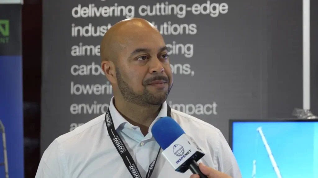 Frank Tewari, being interviewed during SLOM 2025 about hydrocarbon storage solutions based on recycled aluminum.