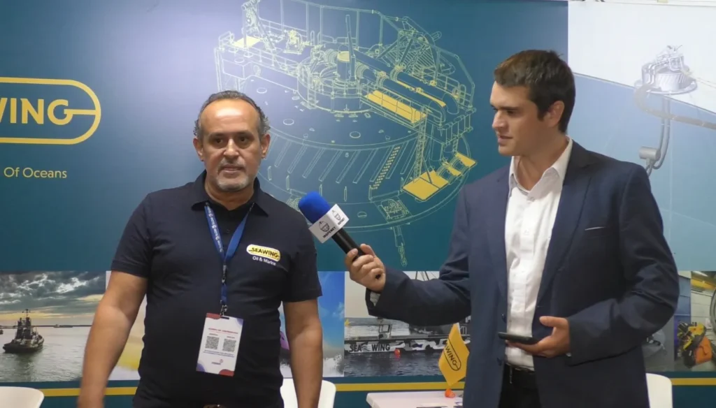 Sirajaldeen Alabeedi, president of SeaWing Company, during an interview at SLOM 2025 in Panama, talking about innovations in SPM systems.