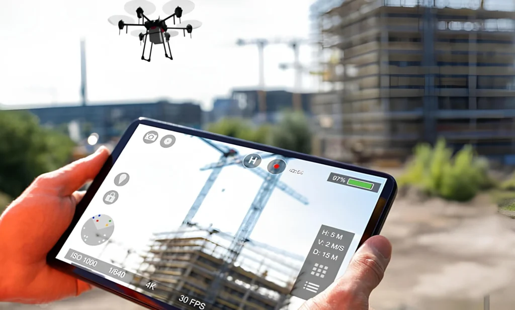StratoSight: control remoto de dron industrial mediante tableta para inspección aérea de techos y estructuras en obras de gran escala.