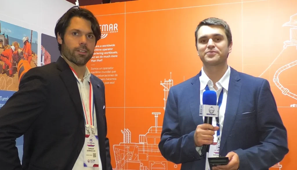 Tanguy Dennielou is interviewed by Richard Blaser from Inspenet during the SLOM 2025 event, where he highlights the operational efficiency of multi-cat vessels.
