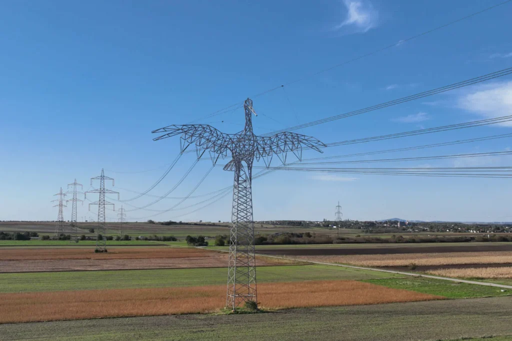 Torres eléctricas con forma de animales en Austria, diseño escultórico de una cigüeña en Burgenland.