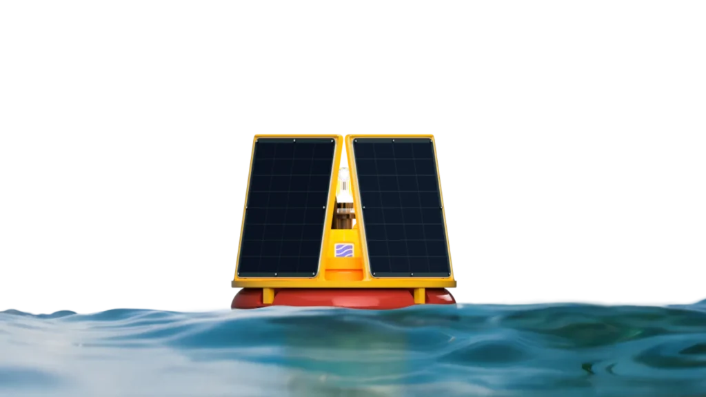 Boyas WaterSense flotando en el agua con paneles solares para monitoreo autónomo de calidad del agua.
